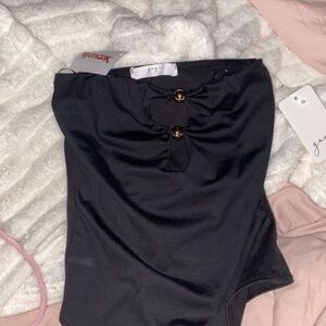 Black Strapless Bodysuit with Gold Accents